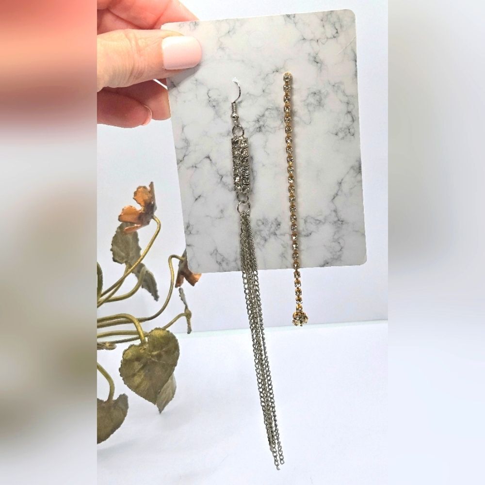 "5/$25" Mismatched Long Chain Silver & Gold Tone Rhinestone Dangle Earrings